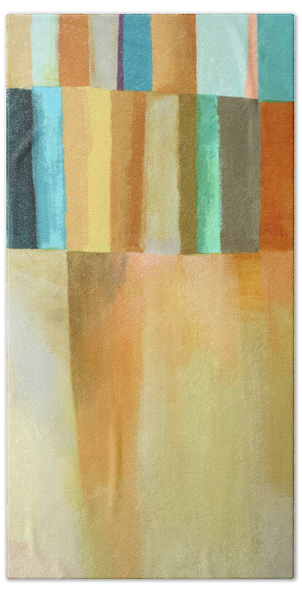 Abstract Art Bath Towel featuring the painting Blue Yellow Stripes #1 by Jane Davies