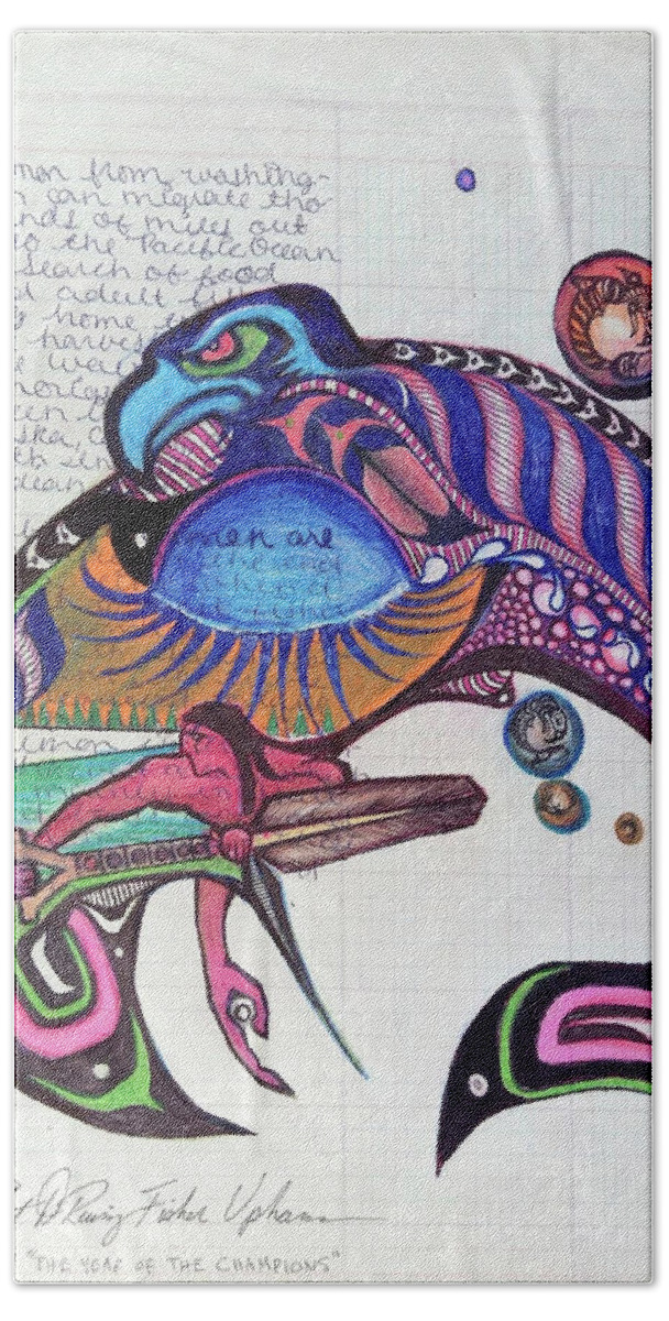 Quinault Nation Bath Towel featuring the drawing Blueback Salmon by Robert Running Fisher Upham