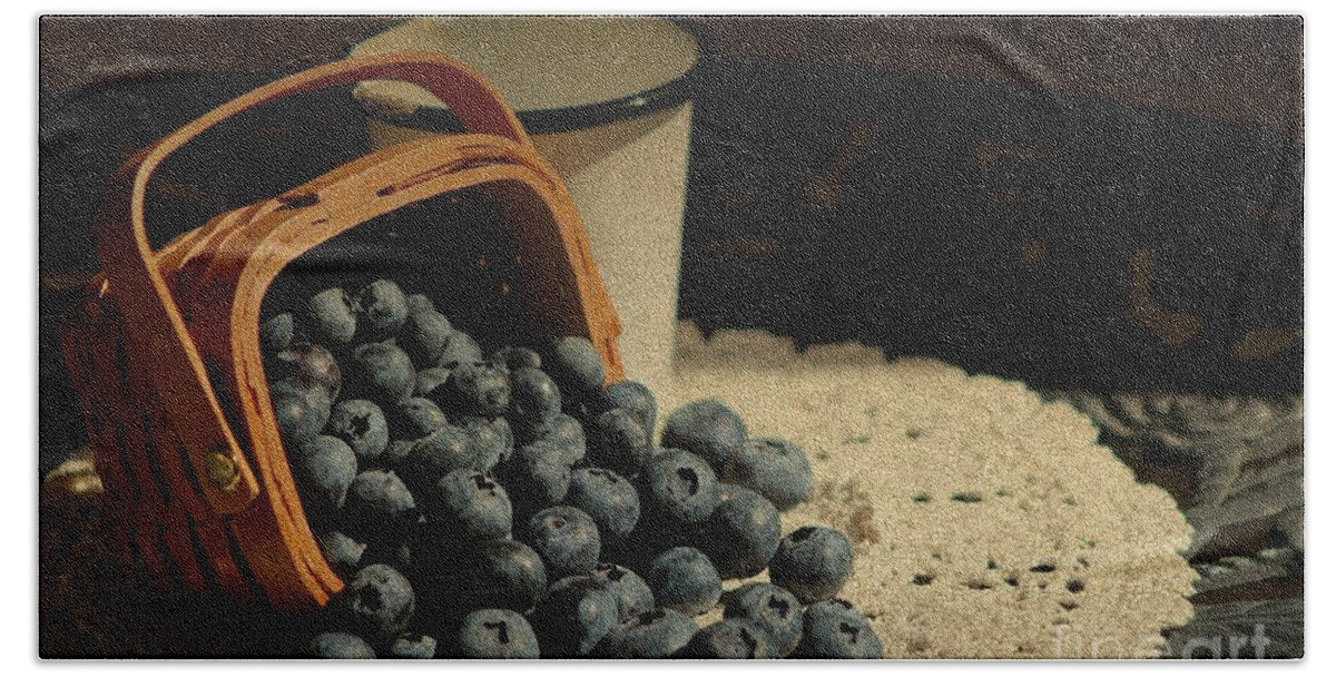 Blueberries Bath Towel featuring the photograph Blueberries in Basket - Old World Stills Series by Colleen Cornelius
