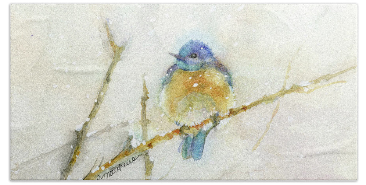 Bluebird Bath Towel featuring the painting Bluebird in snow by Rebecca Matthews