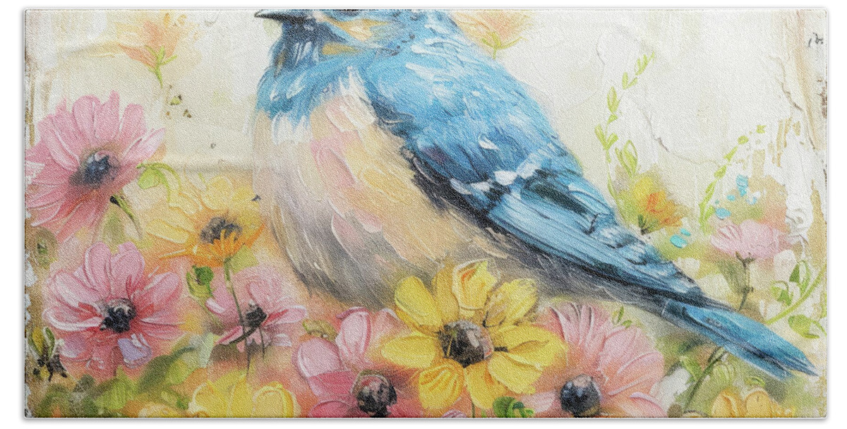  Bluebird Hand Towel featuring the painting Bluebird In The Daisies by Tina LeCour