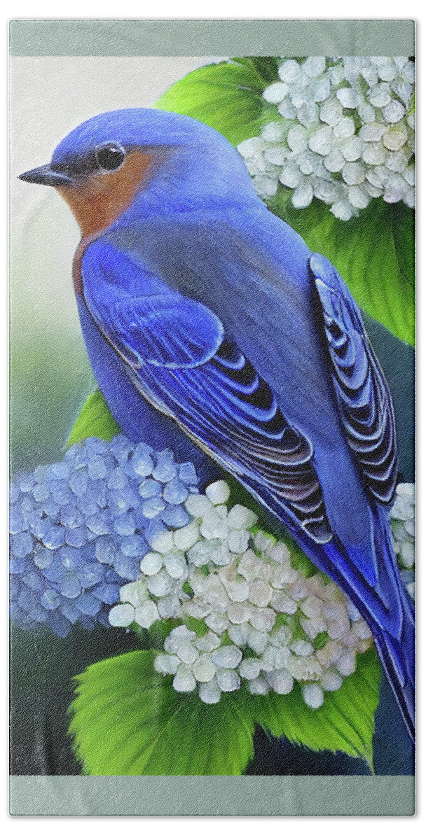 Eastern Bluebird Bath Towel featuring the painting Bluebird In The Hydrangeas by Tina LeCour