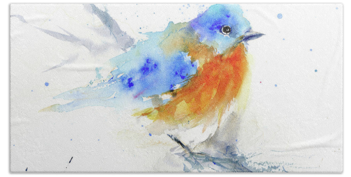 Bird Bath Towel featuring the painting Bluebird on Branch by Christy Lemp
