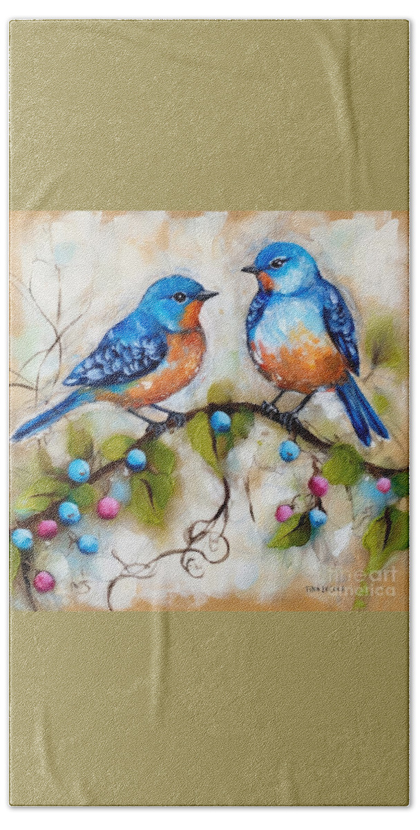 Bluebirds Bath Towel featuring the painting Bluebirds And Berries by Tina LeCour
