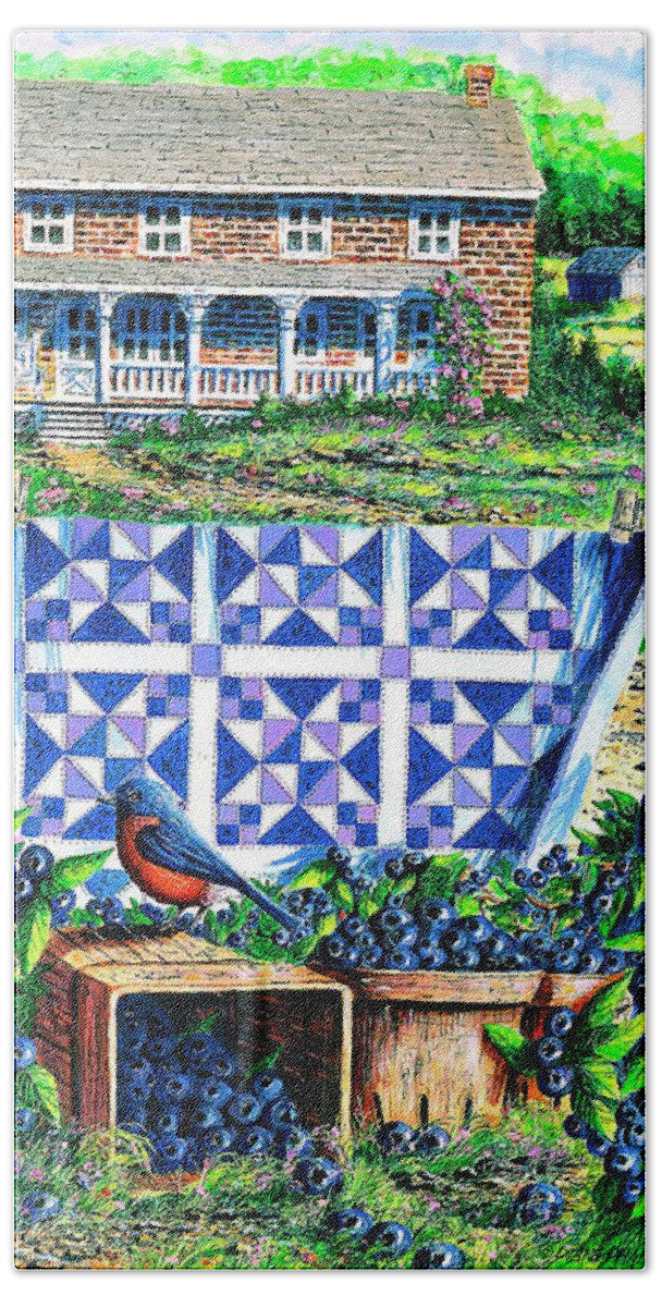 Blueberries Hand Towel featuring the painting Bluebirds and Blueberries by Diane Phalen