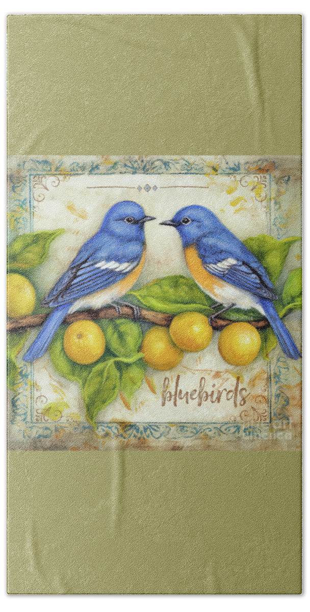 Eastern Bluebirds Bath Towel featuring the painting Bluebirds And Lemons by Tina LeCour