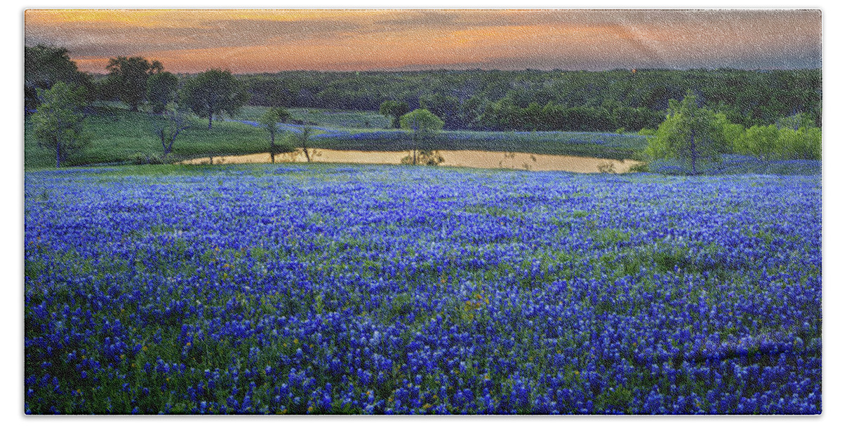 Texas Bluebonnets Bath Sheet featuring the photograph Bluebonnet Lake Vista Texas Sunset - Wildflowers landscape flowers pond by Jon Holiday