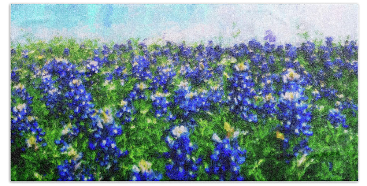 Texas Bath Towel featuring the painting Bluebonnet, Texas Landscape - 04 by AM FineArtPrints