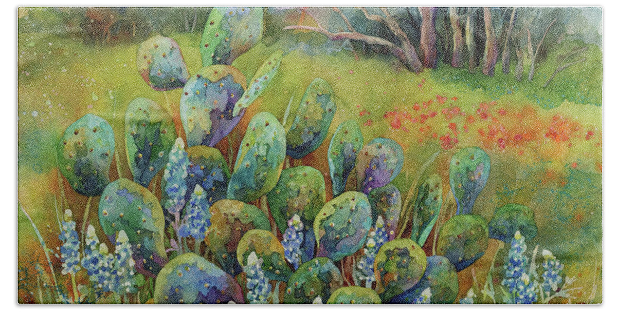 Cactus Bath Towel featuring the painting Bluebonnets and Cactus by Hailey E Herrera