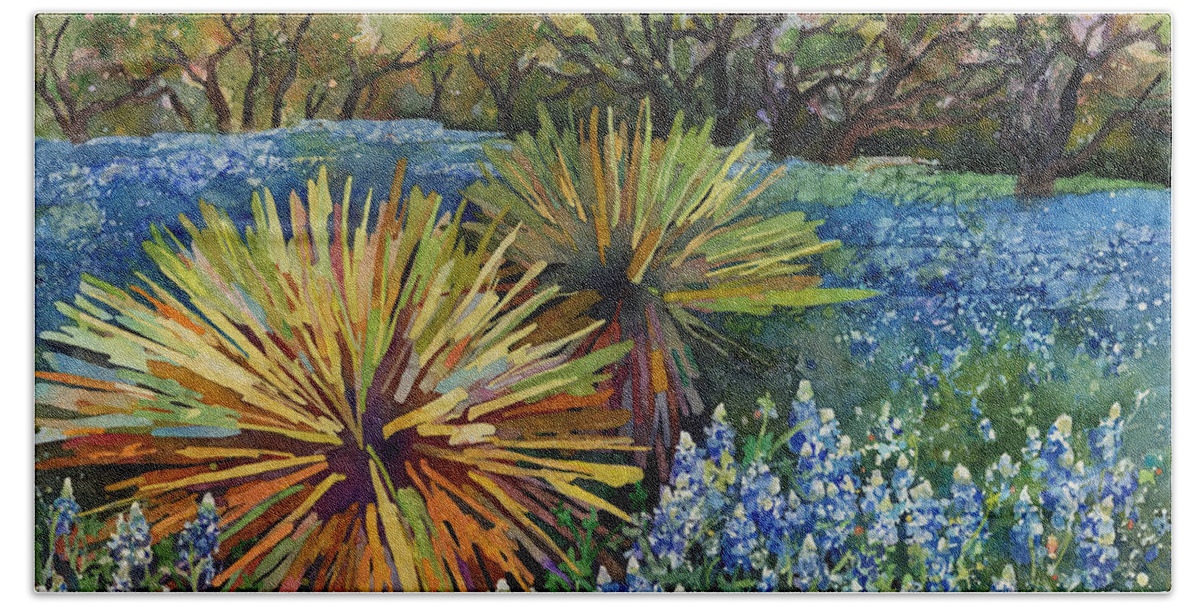 Cactus Bath Towel featuring the painting Bluebonnets and Yucca by Hailey E Herrera