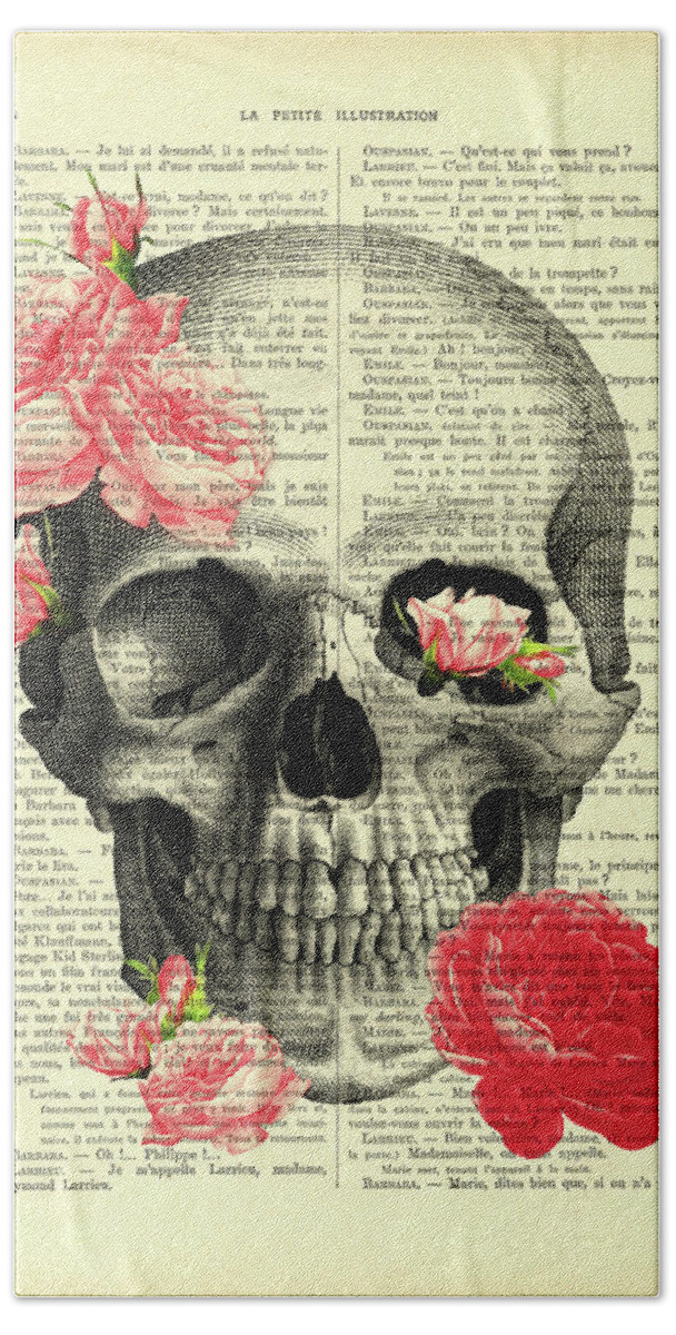 Skull Bath Towel featuring the mixed media Blush Pink Floral Skull by Madame Memento