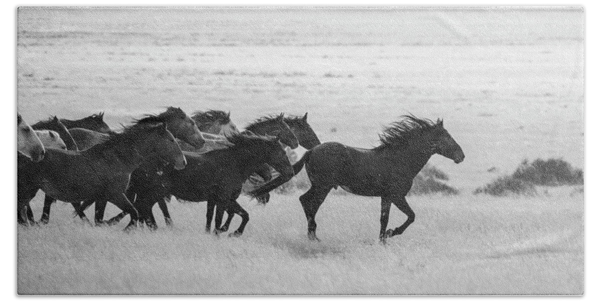  Wild Horses Bath Towel featuring the photograph BnW Run in the Wind by Dirk Johnson