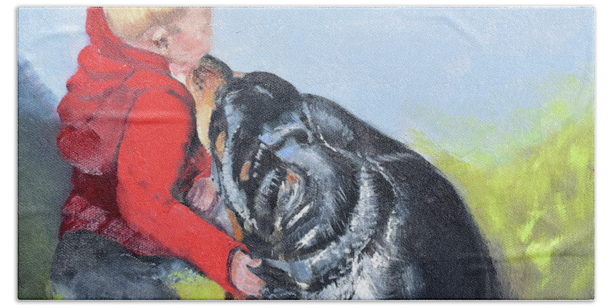  Bath Towel featuring the painting Bo and his Dog by Jan Dappen