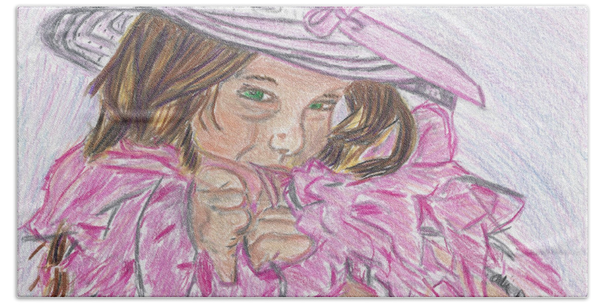 Boa Bath Towel featuring the drawing Boa Baby Colored Pencil Drawing of a Young Girl wearing a White Hat and Pink Feathery Boa by Ali Baucom