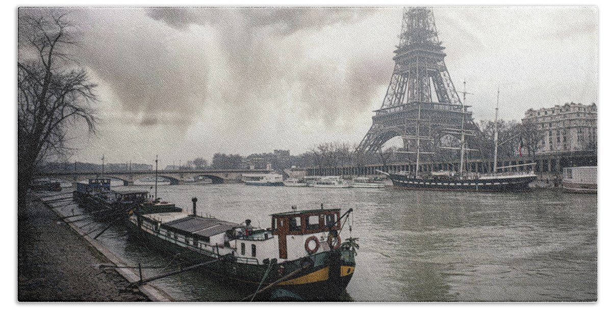 Seine River Hand Towel featuring the photograph Boat and Eiffel Tower by Jim Mathis