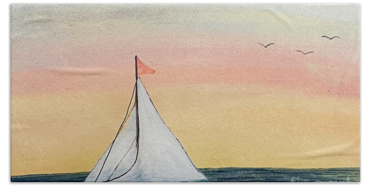 Sailboat Bath Towel featuring the painting Boat at Sunset by Lisa Neuman