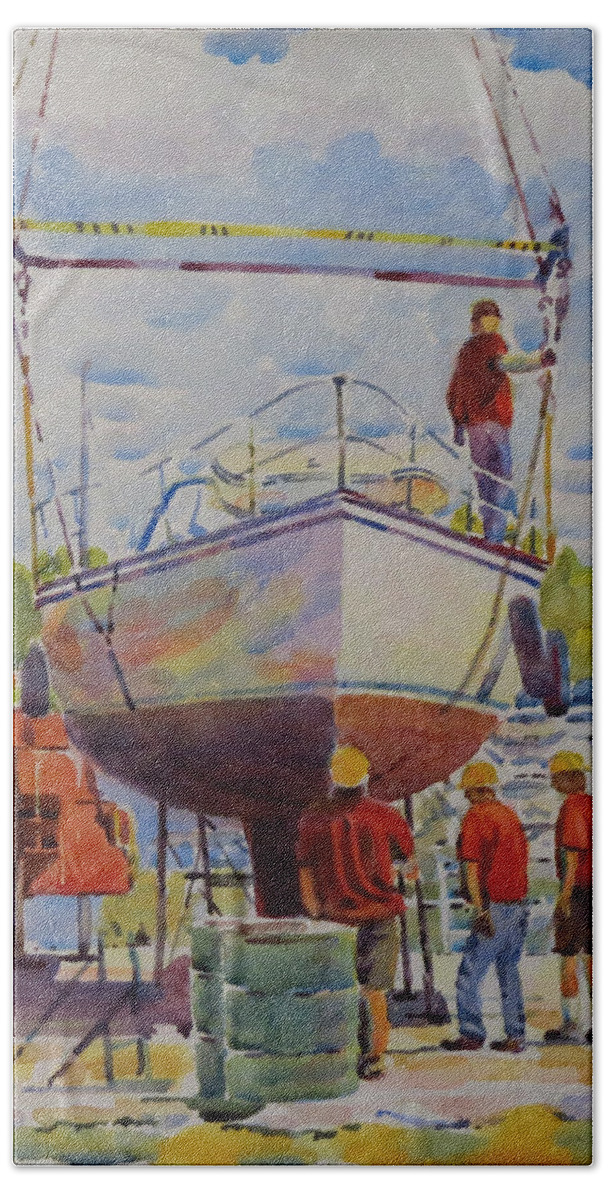 Collins Bay Yacht Club Bath Towel featuring the painting Boat in Lifting Straps by David Gilmore