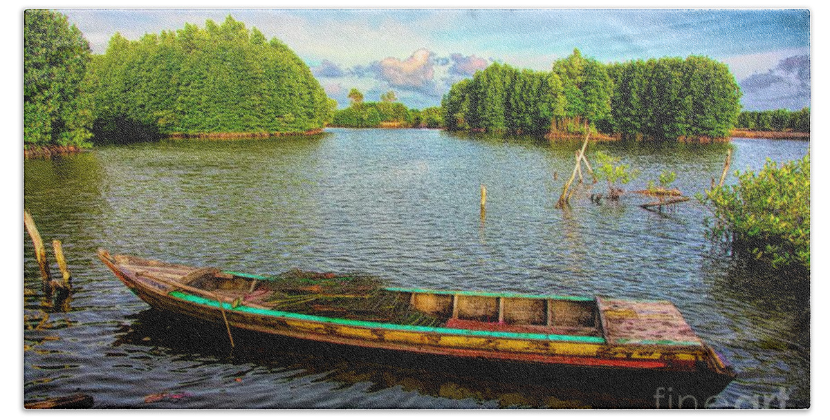 Vietnam Bath Towel featuring the photograph Boat lake landscape Vietnam by Chuck Kuhn