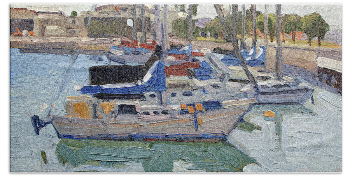 Boat Hand Towel featuring the painting Boat Marina by U.S. Coast Guard Building - San Diego, California by Paul Strahm