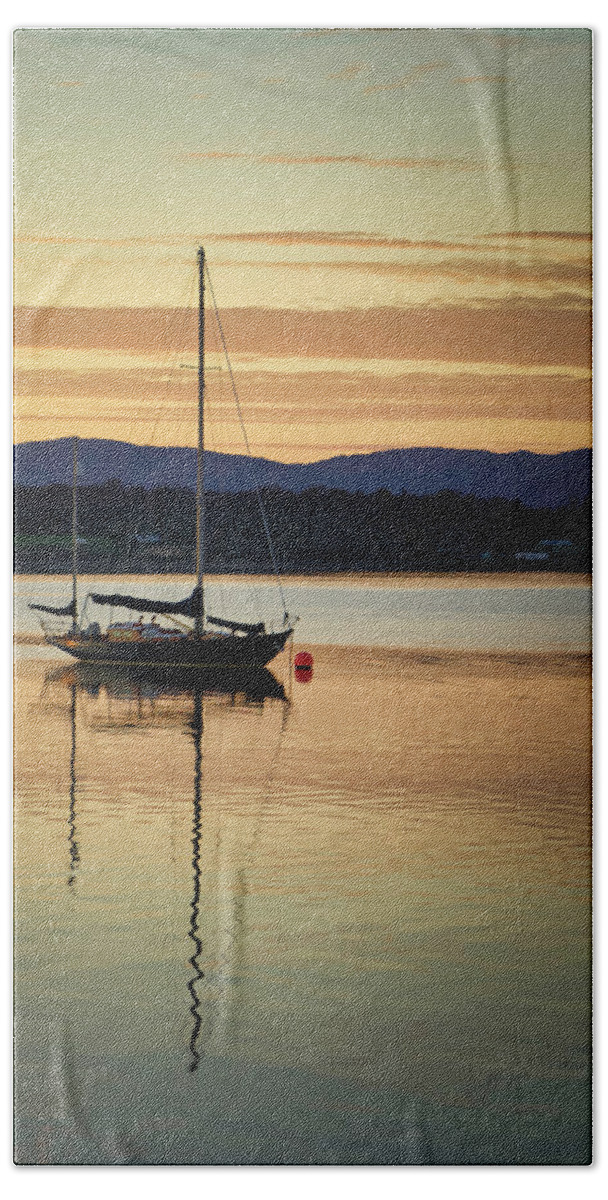 Blue Bath Towel featuring the photograph Boat On A Lake at Sunset by Rick Deacon