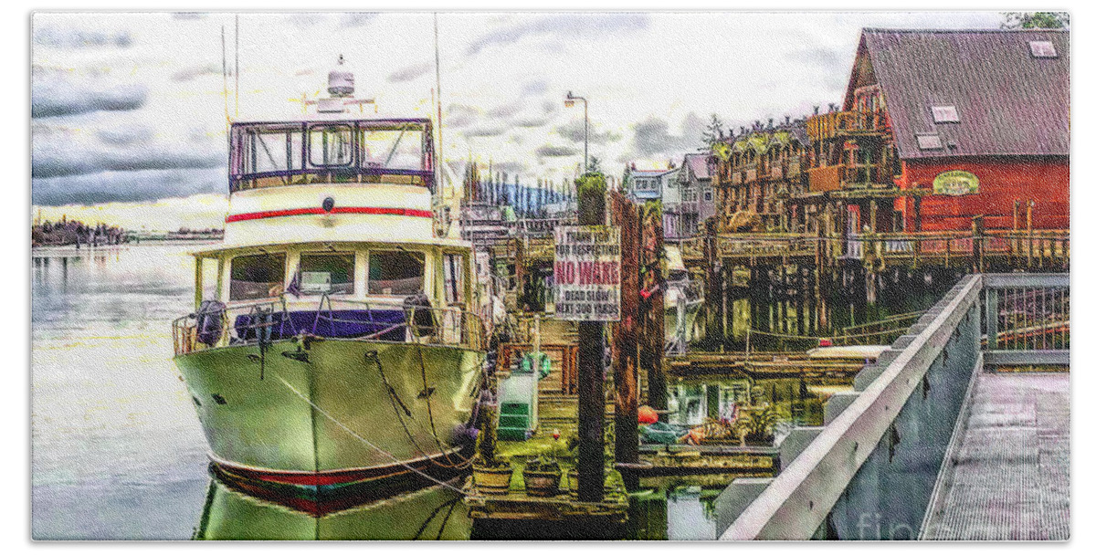 Boats Bath Towel featuring the mixed media Boats at La Conner Washington Waterfront by Sea Change Vibes