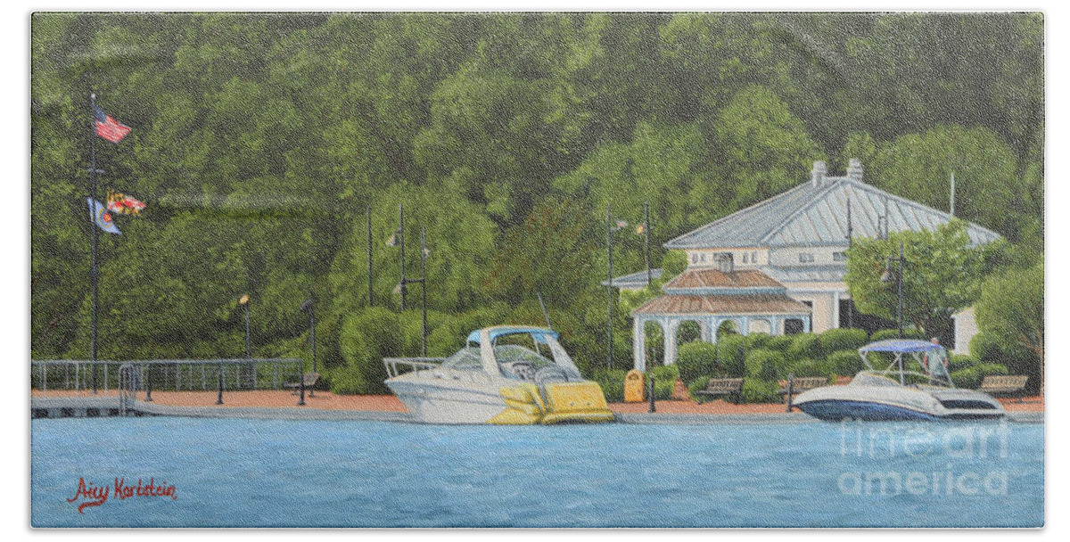 Leonardtown Wharf Hand Towel featuring the painting Boats at Leonardtown Wharf by Aicy Karbstein