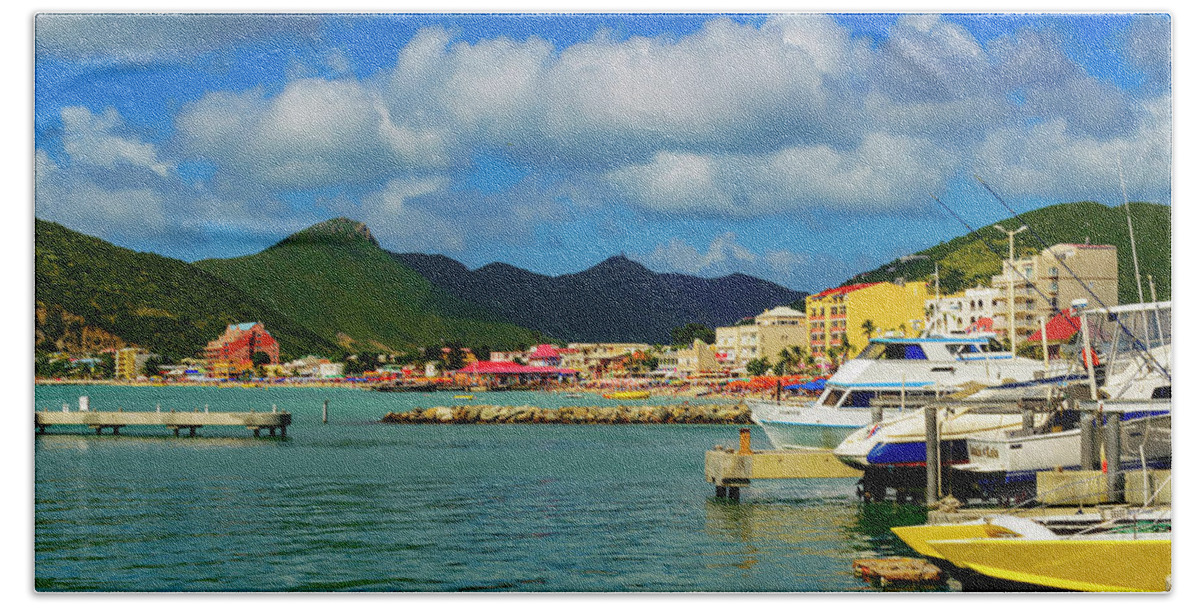 Boats; Travel; Color; Skies; Clouds; Water; Landscape Hand Towel featuring the photograph Boats in Saint Maarten by AE Jones