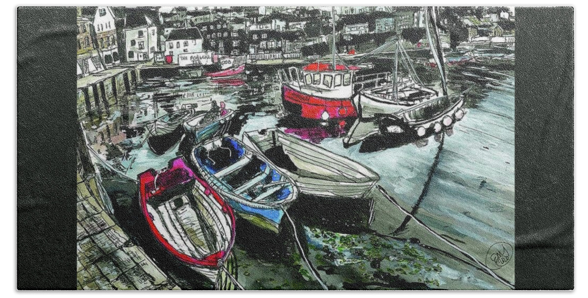 Ink Brush And Line Painting Hand Towel featuring the painting Boats in the Harbor by Eileen Backman
