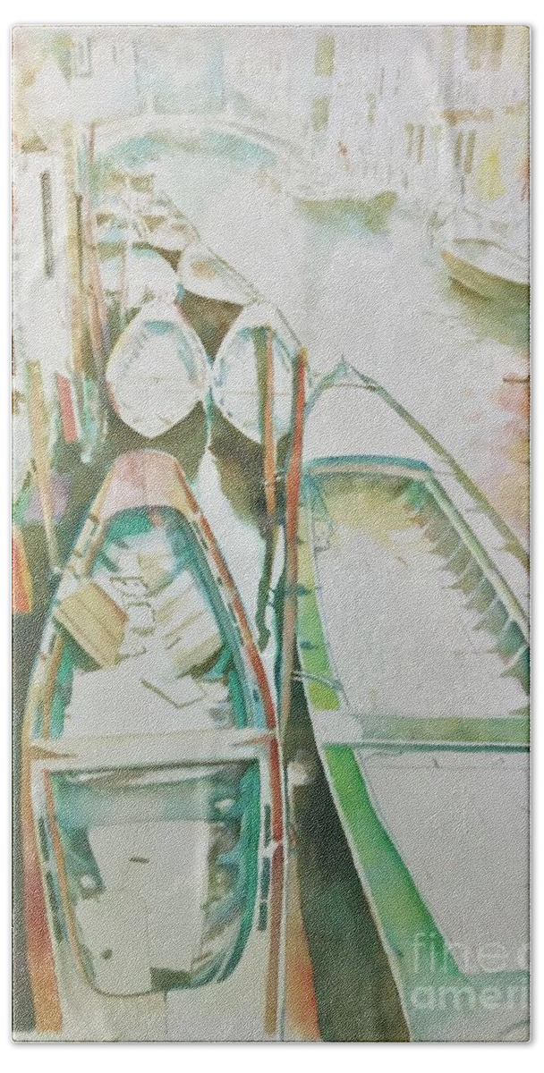#boatsofvenice #boats #venice #italy #watercolor #watercolorpainting #canal #venicecanal #glenneff #thesoundpoetsmusic #picturerockstudio Bath Towel featuring the painting Boats of Venice by Glen Neff