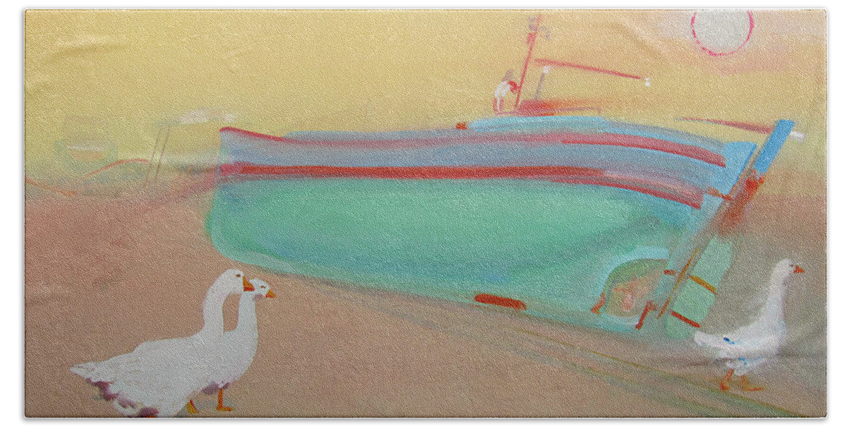 Geese Bath Towel featuring the painting Boatyard by Charles Stuart