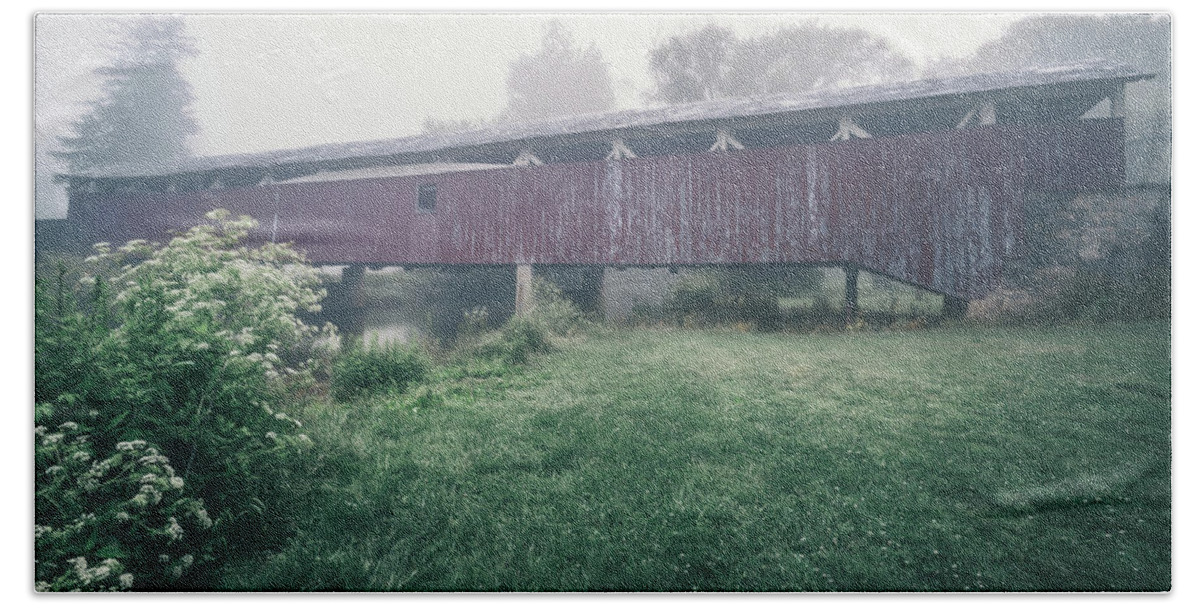 Allentown Bath Towel featuring the photograph Bogert's Covered Bridge Misty June by Jason Fink