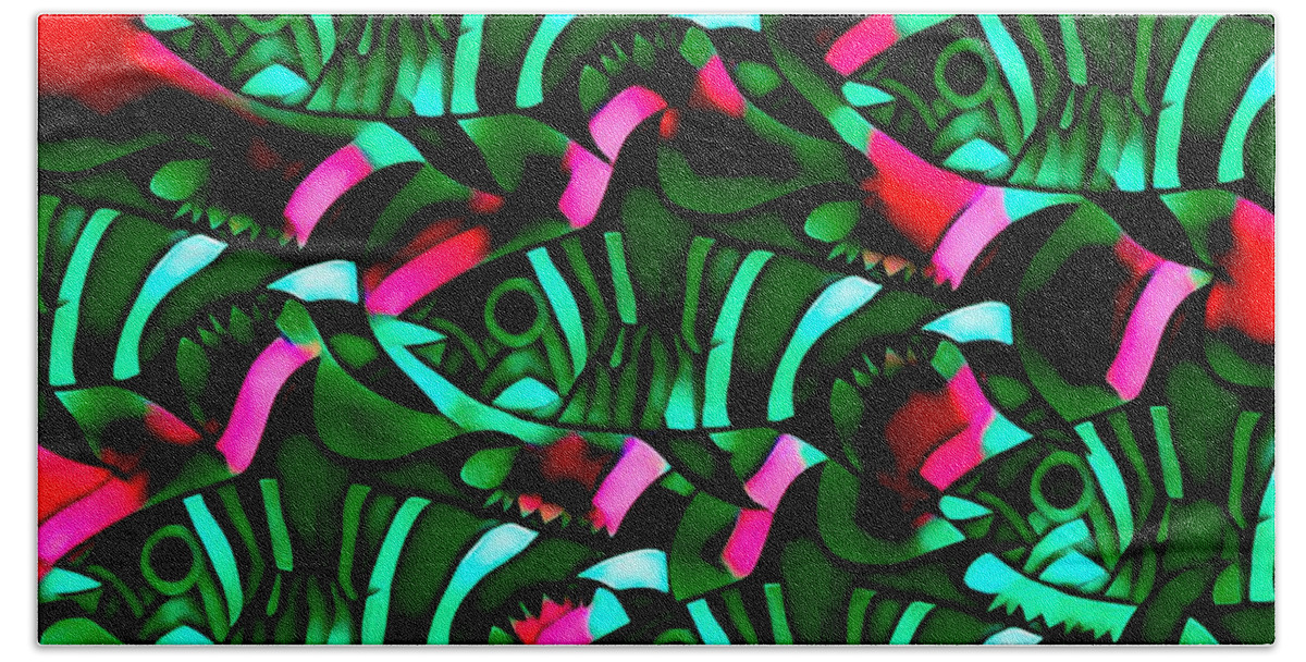 Fish Bath Towel featuring the digital art Bold Aqua And Green Zebra Striped Fish by Joan Stratton