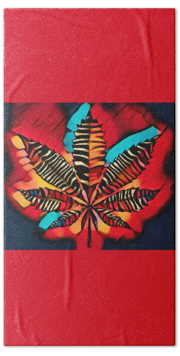 Marijuana Leaf Bath Towel featuring the mixed media Bold Zebra Striped Marijuana Leaf by Joan Stratton