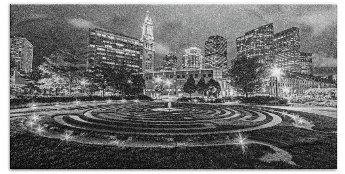 Boston Bath Towel featuring the photograph Boston Armenian Heritage Park Sculpture Boston MA Skyline Black and White by Toby McGuire