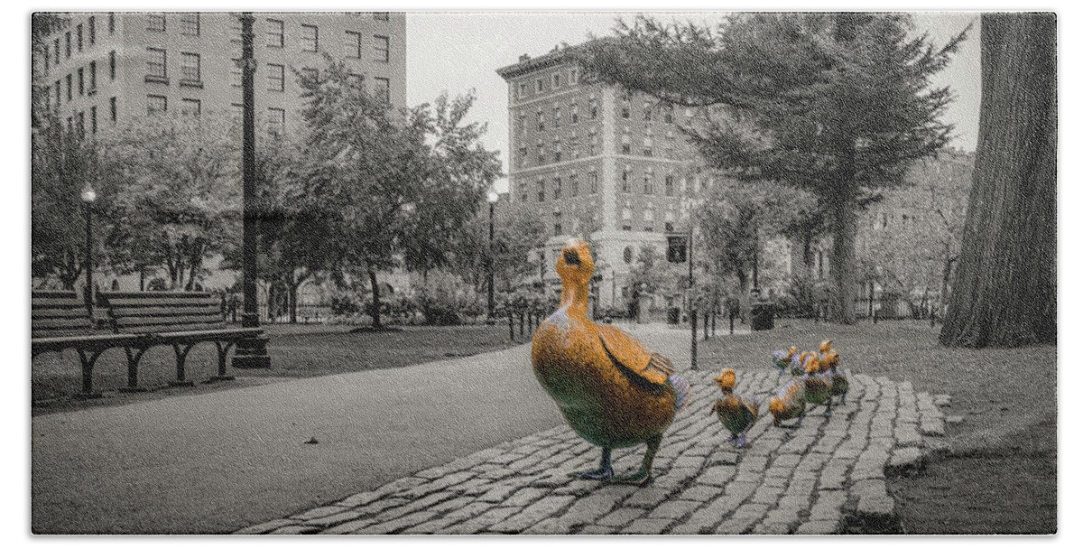 Boston Public Garden Hand Towel featuring the photograph Boston's Make Way For Ducklings in Selective Color by Gregory Ballos