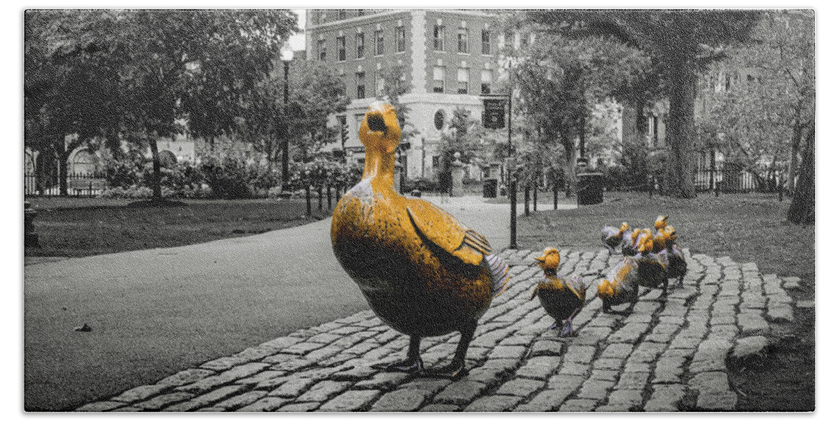 Boston Public Garden Hand Towel featuring the photograph Boston's Make Way For Ducklings Statues Panorama In Selective Color by Gregory Ballos