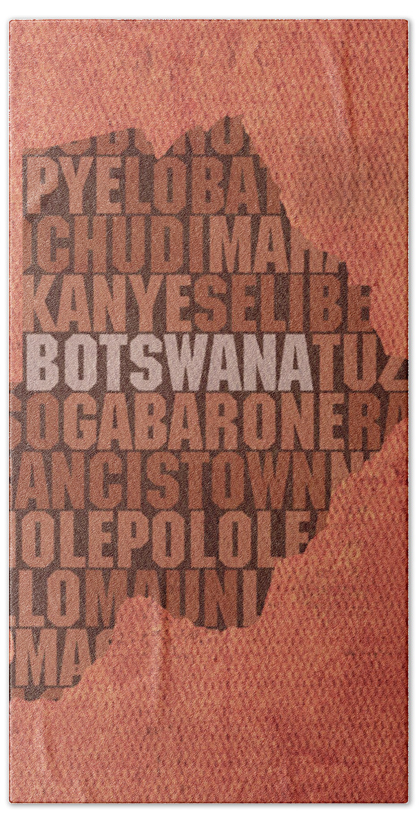 Botswana Hand Towel featuring the mixed media Botswana Country Word Map Typography On Distressed Canvas by Design Turnpike