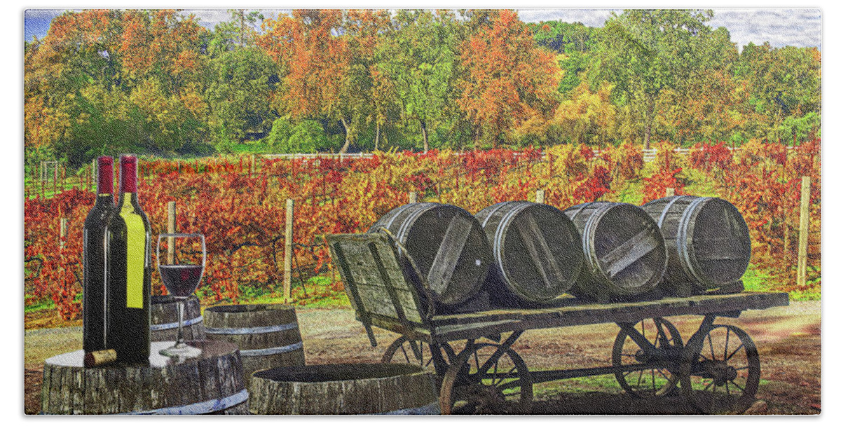 Barrels Bath Towel featuring the photograph BOTTLES AND WINE BARRELS, California by Don Schimmel