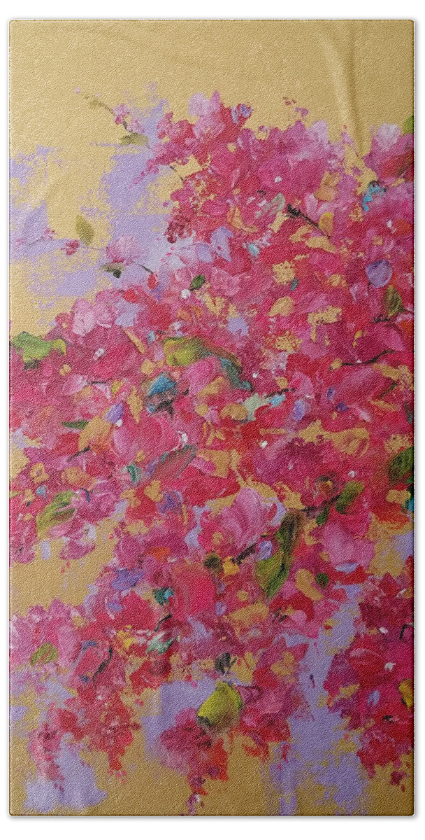 Bougainvillea Hand Towel featuring the painting Bougainvillea on Gold by Judith Rhue