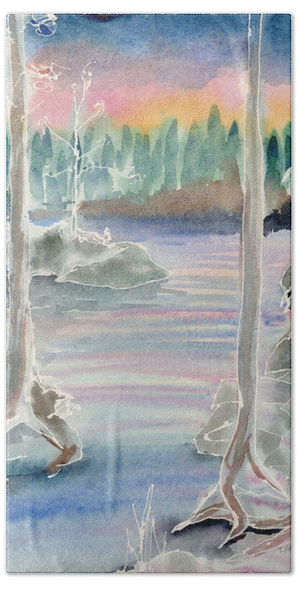 Watercolor Bath Towel featuring the painting Boundary Waters Island Canoe Landing by Tammy Nara