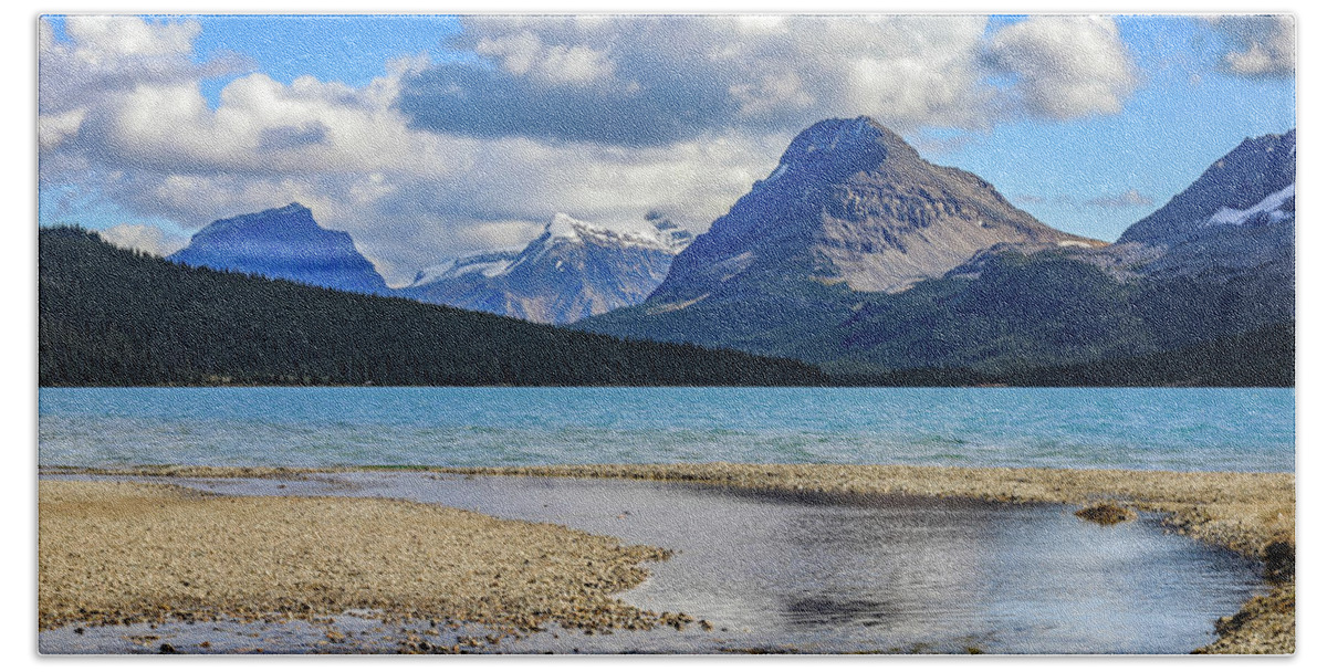 Bow Lake Reflection Bath Towel featuring the photograph Bow Lake Blue Reflections by Dan Sproul