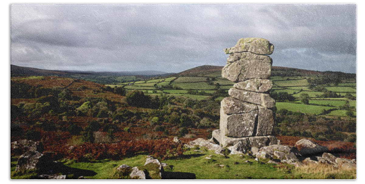 Devon Bath Towel featuring the photograph Bowermans nose tor dartmoor national park devon panorama by Sonny Ryse