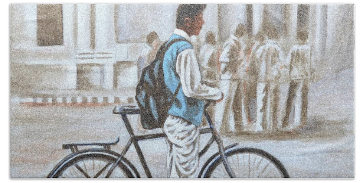 Boy Bath Sheet featuring the painting Boy on Bike by Usha Shantharam