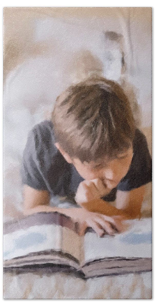 Reading Hand Towel featuring the painting Boy Studying by Gary Arnold