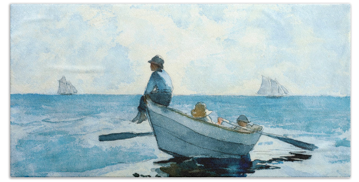 Boys In A Dory Hand Towel featuring the photograph Boys in a Dory by Winslow Homer by Carlos Diaz