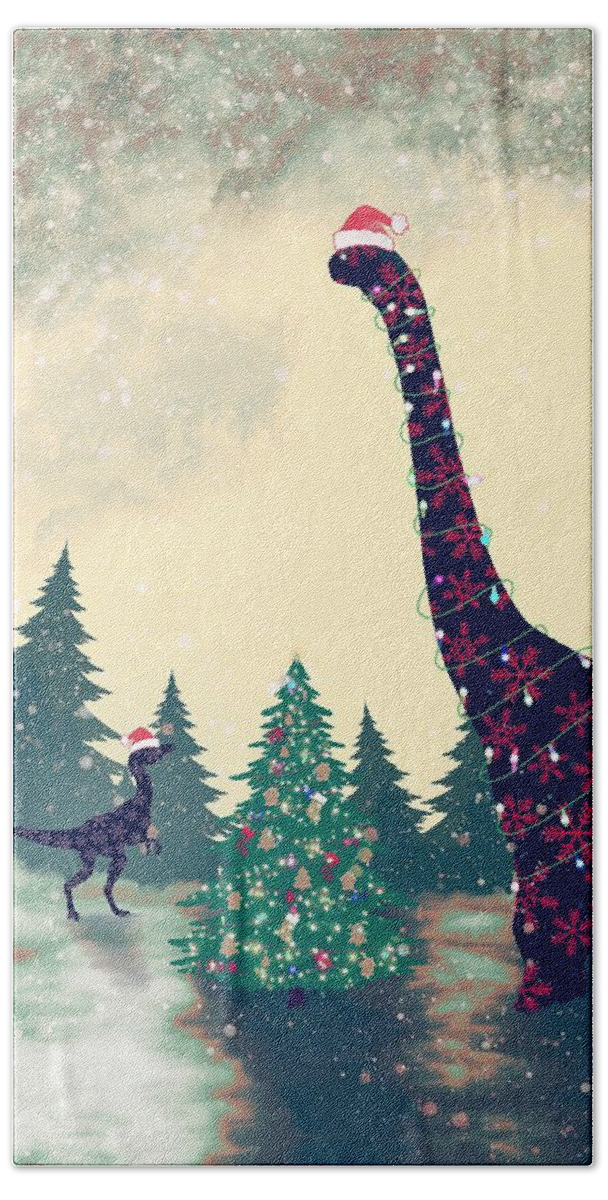 Christmas Bath Towel featuring the digital art Brontosaurus and Velociraptor Christmas by Anastasiya Malakhova