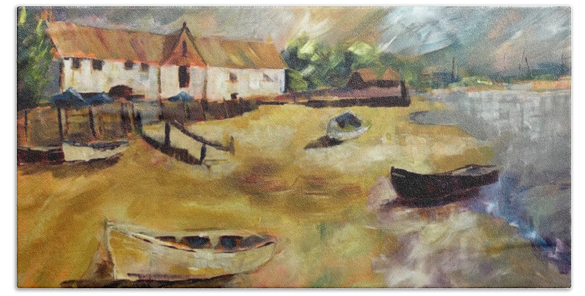 Views Hand Towel featuring the painting Brancaster Staithe by Karen Mangold