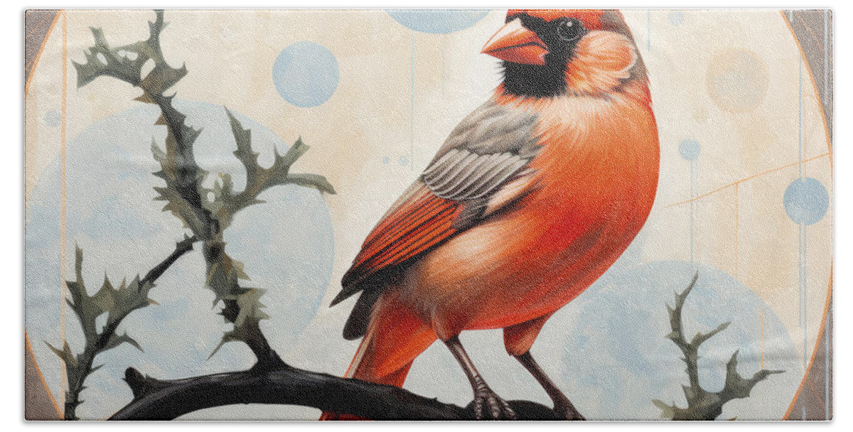 Cardinal Hand Towel featuring the painting Branch of Balance - Female Cardinal Bird Paintings by Lourry Legarde