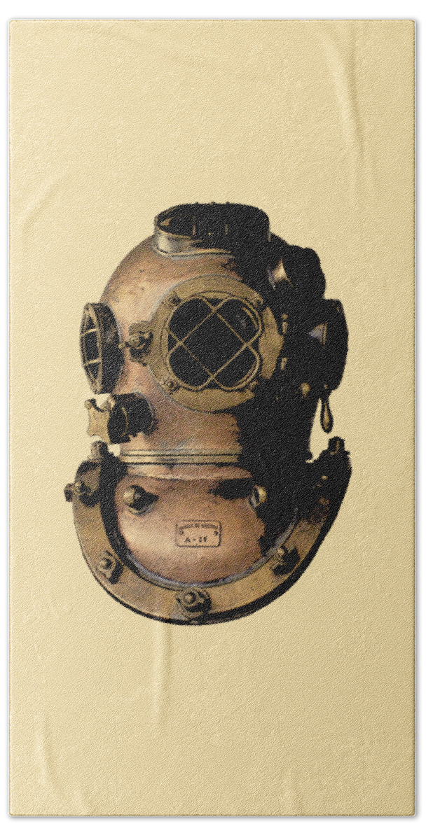 Diving Helmet Hand Towel featuring the digital art Brass Diving Helmet by Madame Memento