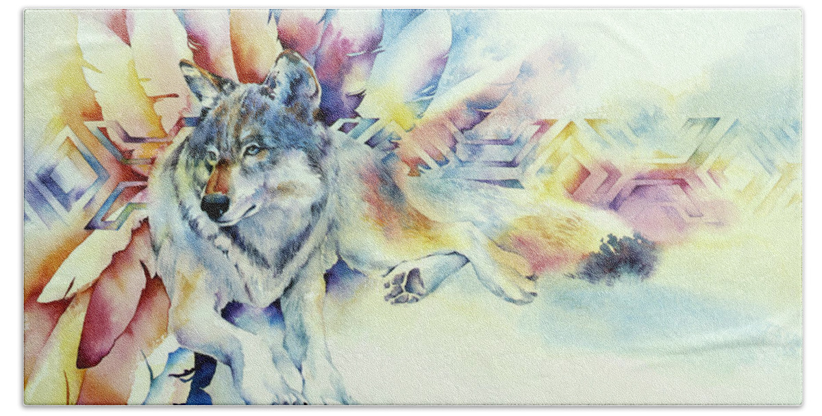 Wolf Hand Towel featuring the painting Brave and Gray by Susan Blackwood